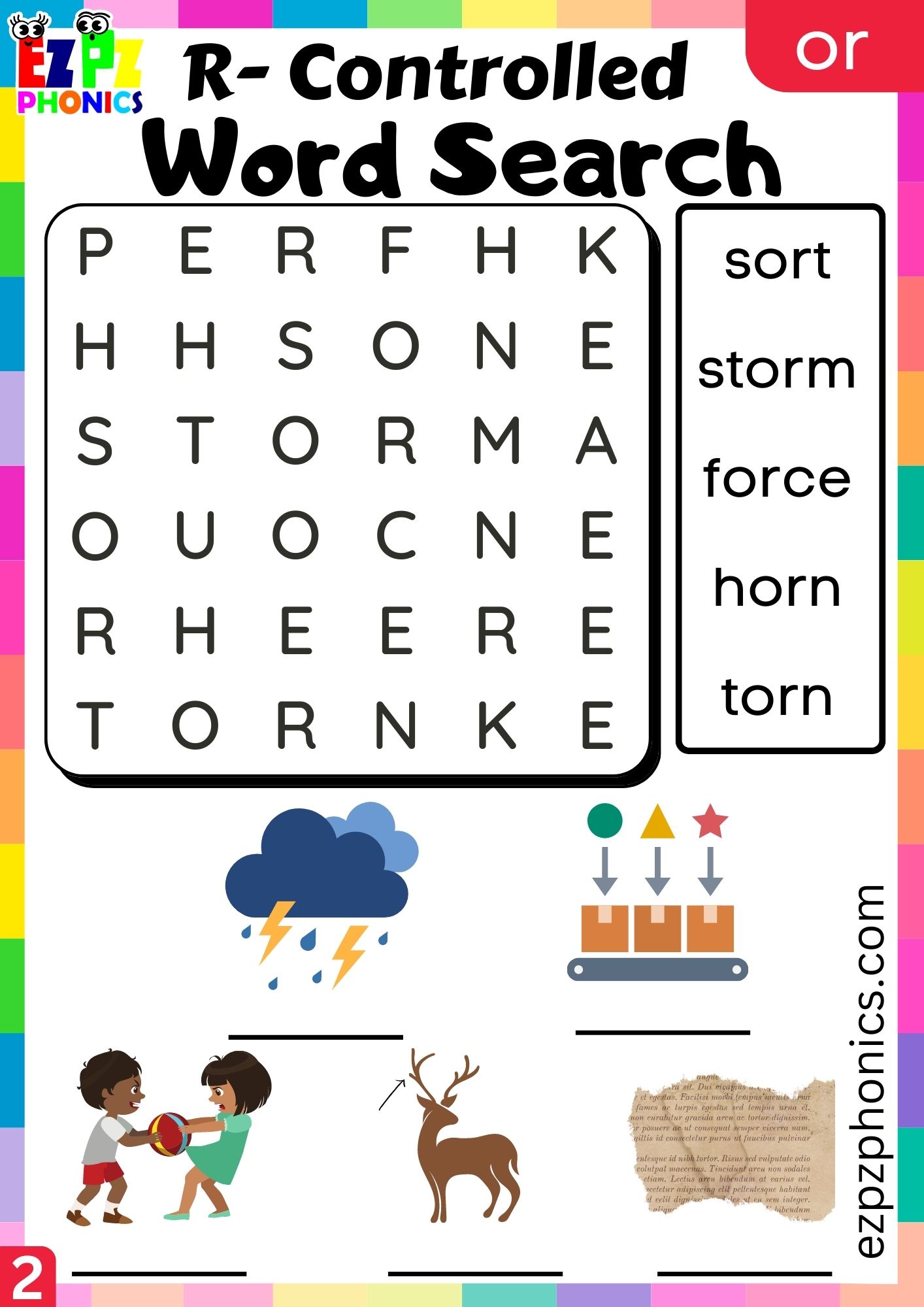 Word search worksheet for or words R Controlled Vowels Phonics group 2